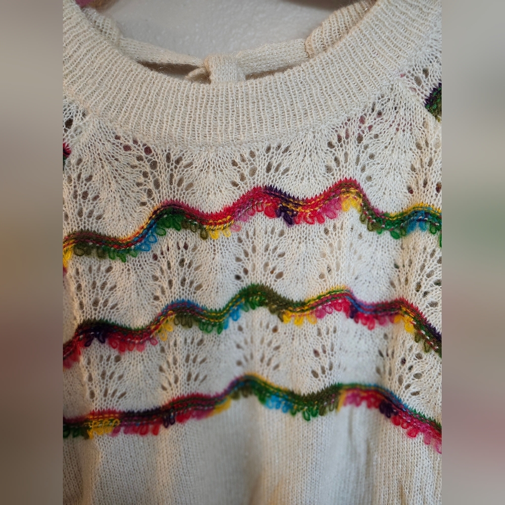 Andthewhy Crochet Rainbow Colorful Wave Pattern Woven Sweater - Picture 3 of 6